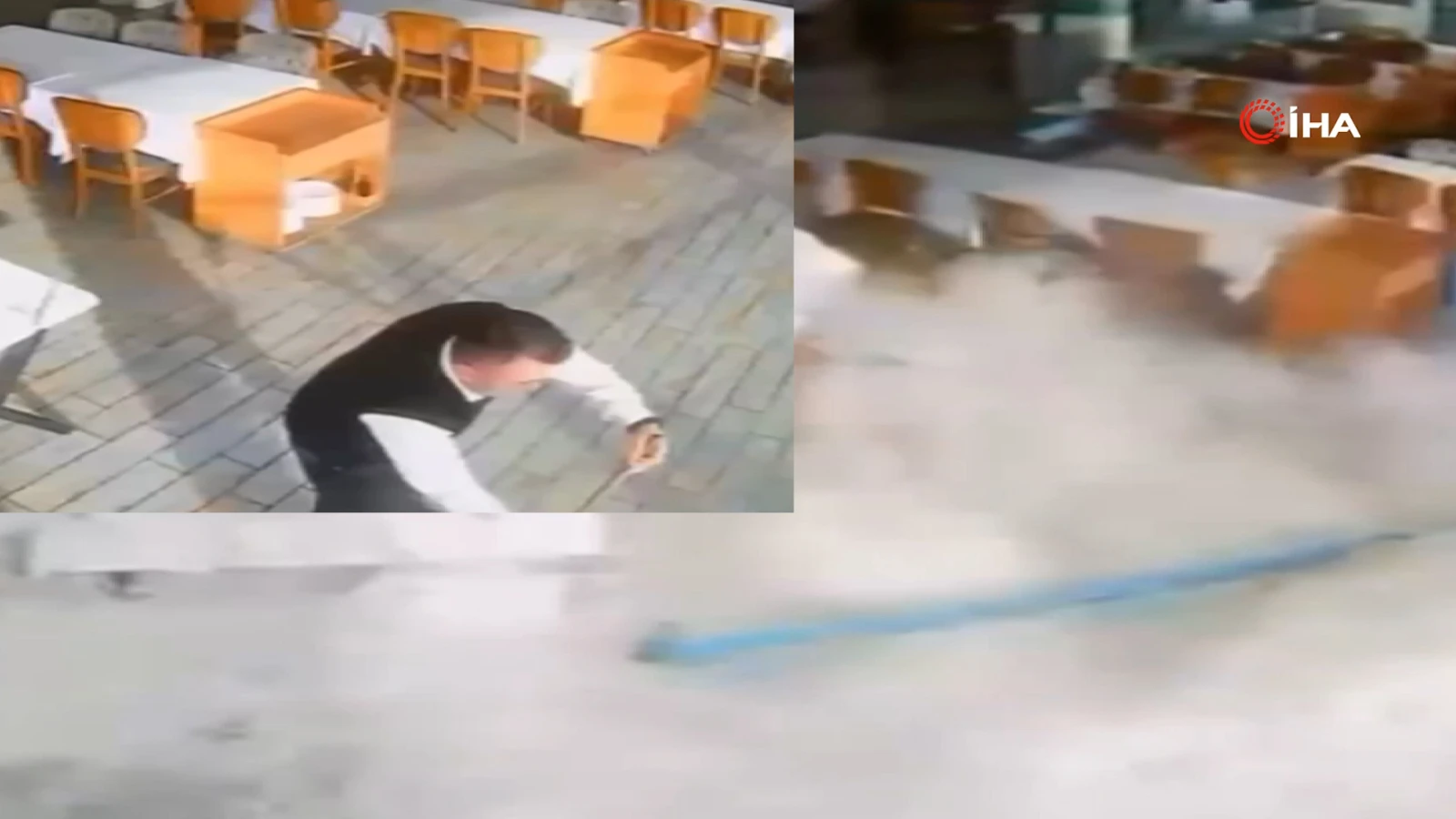 Alanya'da dalgalar balık lokantasını böyle bastı! Garson son anda kurtuldu