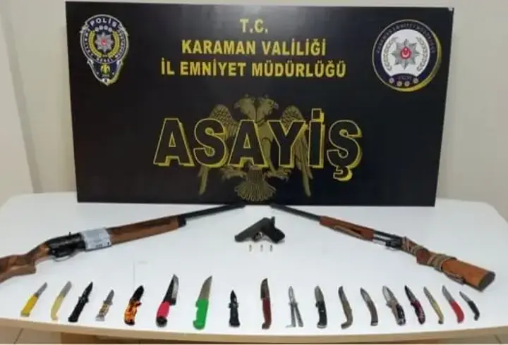 Karaman'da polis denetiminde; 18 kesici alet, 2 tüfek,1 tabanca ele geçirdi