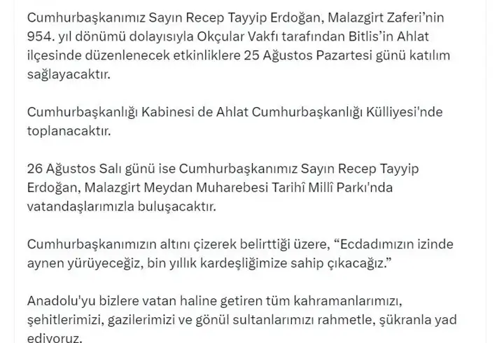 Cumhurbaşkanı Erdoğan, Malazgirt Zaferi kutlamalarına katılacak