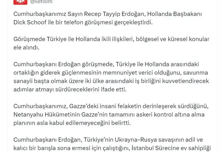 Cumhurbaşkanı Erdoğan, Hollanda Başbakanı Schoof ile telefonda görüştü
