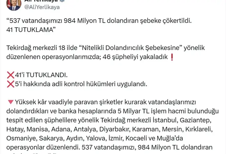 Tekirdağ merkezli 18 ilde dolandırıcılık operasyonu; 41 tutuklama