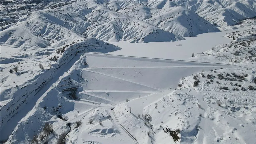 Erzincan'daki Göyne Barajı soğuk havanın etkisiyle dondu