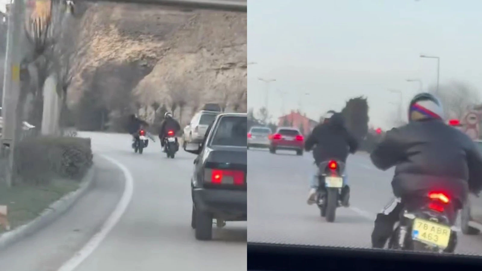 Motosikletlilerin tehlikeli yolculukları görenleri hayrete düşürdü