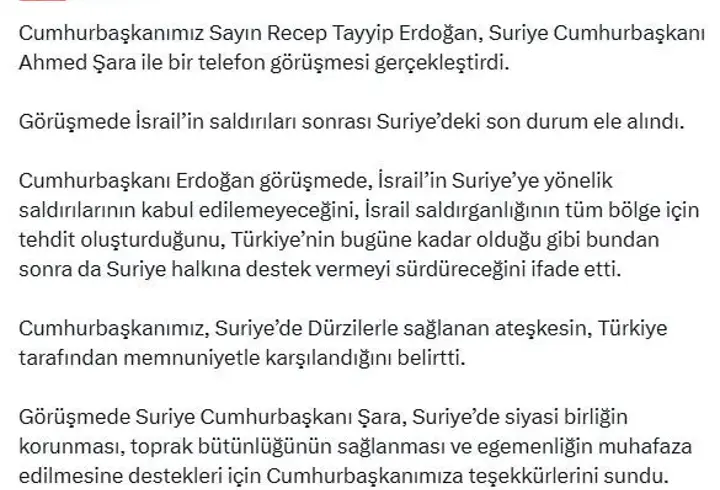 Cumhurbaşkanı Erdoğan, Suriye Cumhurbaşkanı Şara ile telefonda görüştü