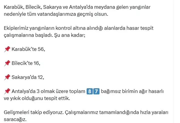 Bakan Kurum: 4 ildeki orman yangınında 87 bağımsız birim hasar aldı