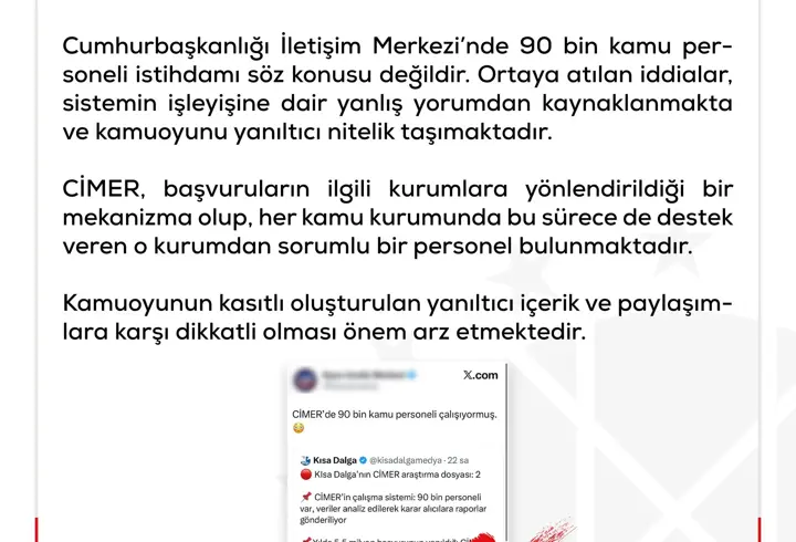 DMM: 'CİMER’de 90 bin kişinin görev yaptığı' iddiası doğru değildir