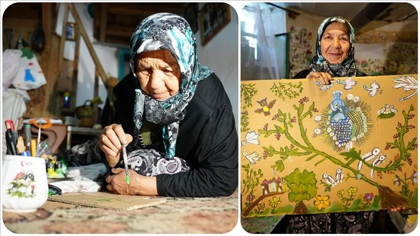Renkli boyaları elinden düşürmeyen Hakime teyze evini resim galerisine dönüştürdü