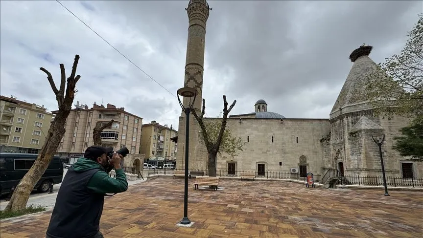 Leylekler tarihi türbenin çatısını mesken tuttu