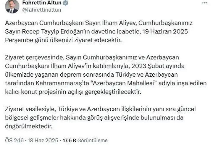 Azerbaycan Cumhurbaşkanı Aliyev, Türkiye'ye geliyor