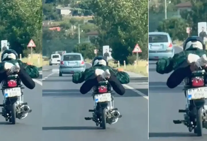 D-650 karayolunda motosikletini üzerine yatarak sürdü, o anlar kamerada