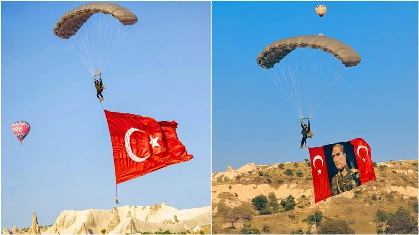 Kapadokya'da JÖAK timi sıcak hava balonundan paraşütle atladı