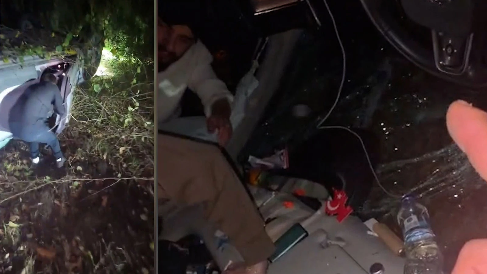 Sarıyer'de ormanlık alana devrilen otomobildeki 4 kişiyi yoldan geçenler kurtardı