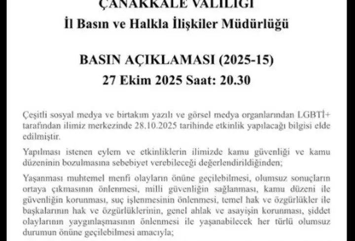 Çanakkale'de LGBTİ etkinlikleri yasaklandı