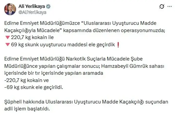 Hamzabeyli’de 220,7 kilo kokain ile 69 kilo skunk ele geçirildi