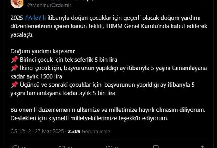 Bakan Göktaş: Doğum yardımını içeren kanun teklifi yasalaştı