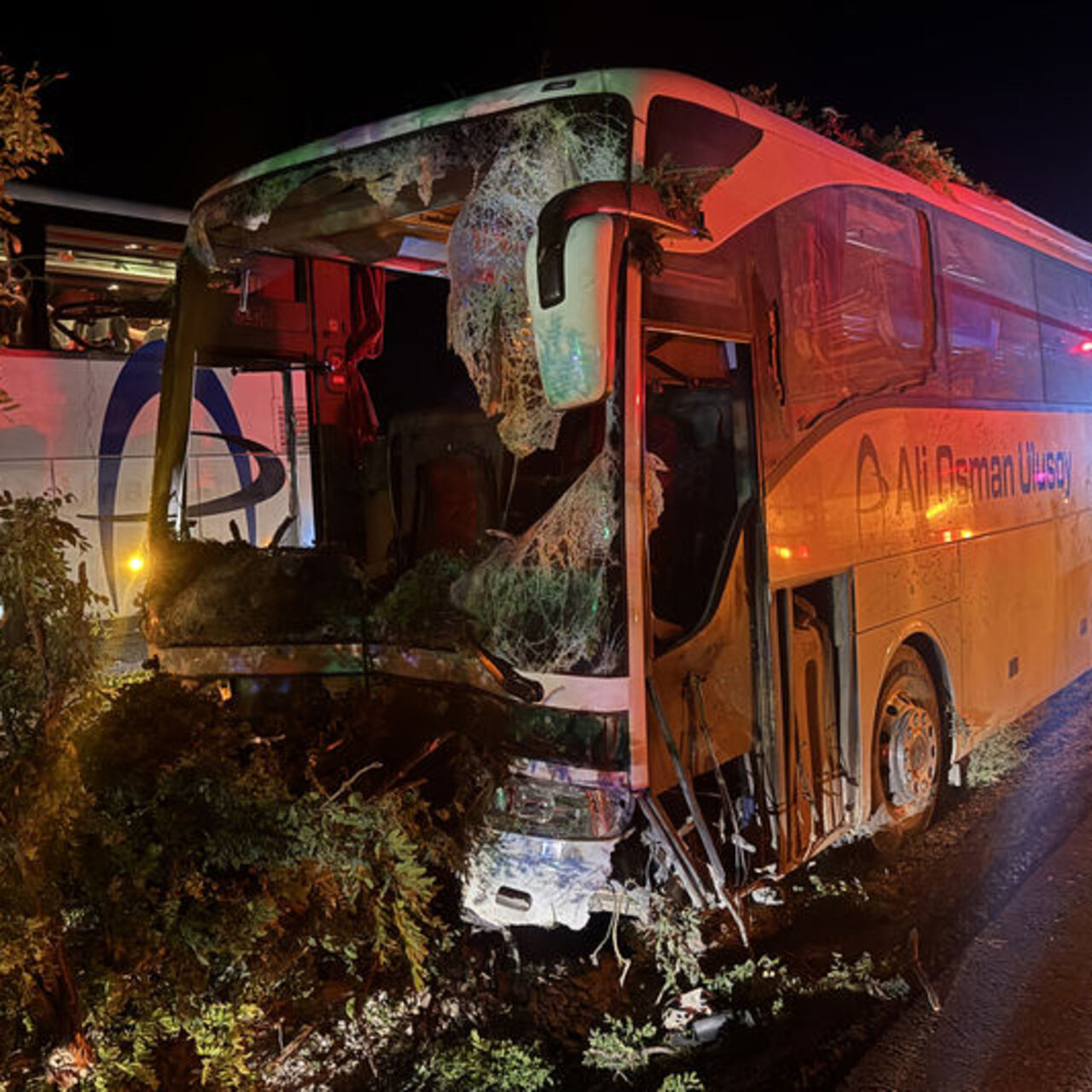 Yolcu otobüsü refüjdeki ağaçlara çarptı: 1 ölü, 13 yaralı