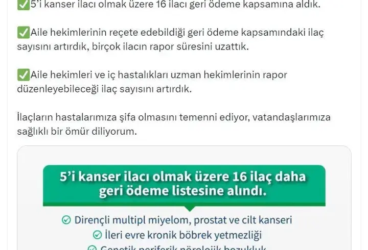 5'i kanser ilacı olmak üzere 16 ilaç geri ödeme kapsamına alındı