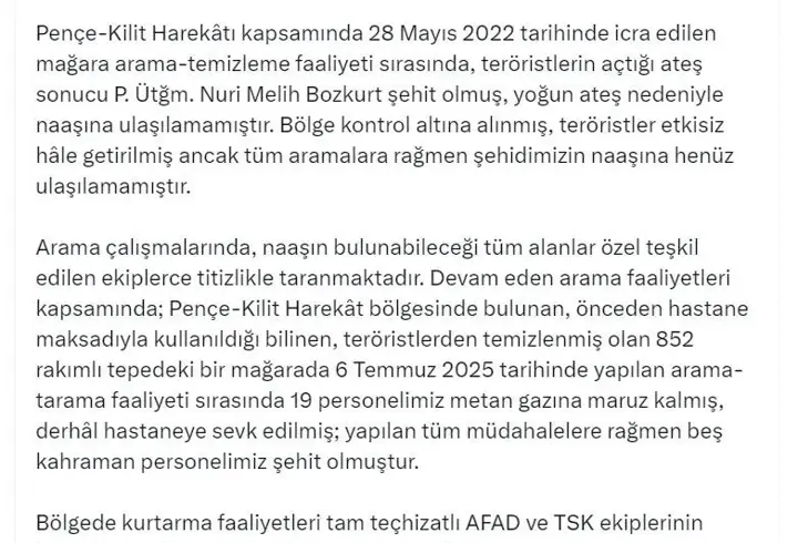 MSB: Metan gazından zehirlenen 5 personelimiz şehit oldu