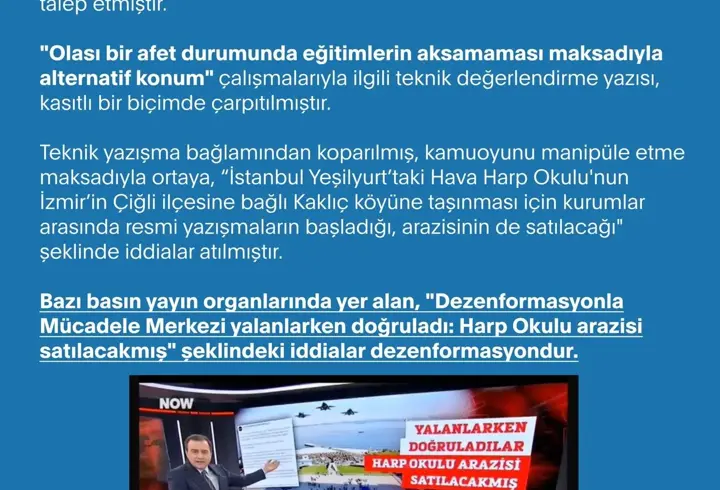 Hava Harp Okulu arazisiyle ilgili dezenformasyon açıklaması
