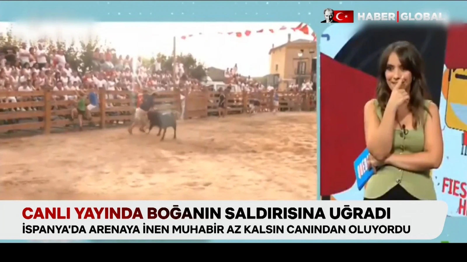Muhabir canlı yayında boğanın saldırısına uğradı