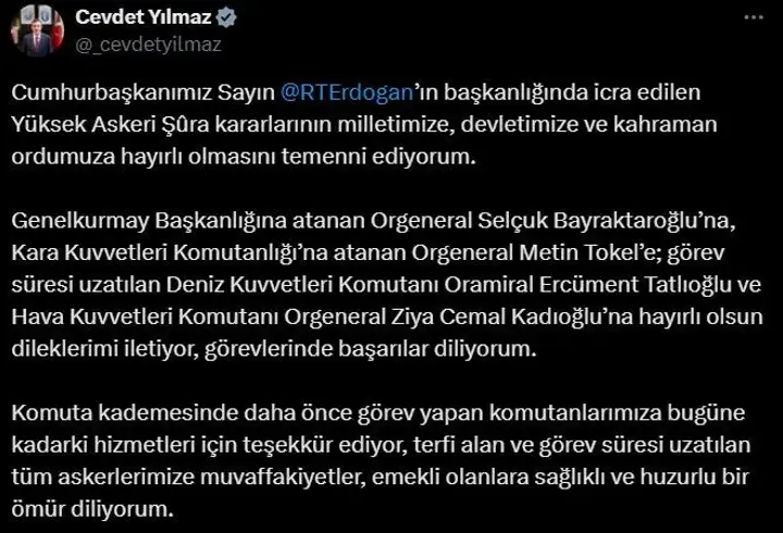 Cevdet Yılmaz: YAŞ kararları hayırlı olsun 