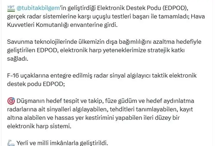 Bakan Kacır: EDPOD, Hava Kuvvetleri envanterine girdi