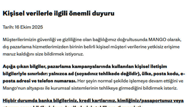 Mango, müşterilerine ait bazı kişisel verilerin yetkisiz erişime maruz kaldığını duyurdu