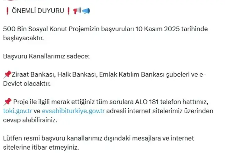 Bakanlıktan 'Yüzyılın Konut Projesi' ile ilgili dolandırıcılık uyarısı