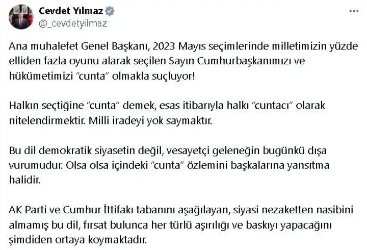 Cevdet Yılmaz: Halkın seçtiğine 'cunta' demek, halkı 'cuntacı' olarak nitelendirmektir