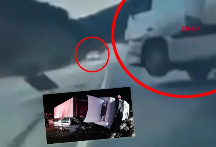 Kütahya'daki korkunç kaza kamerada: TIR otomobilin üzerine devrildi