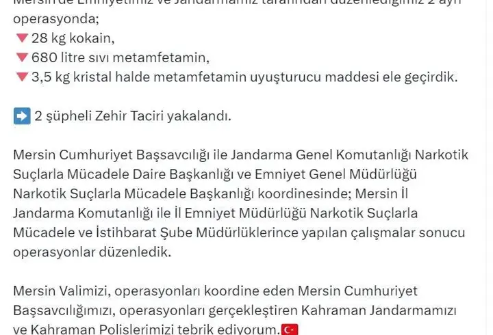 Mersin'de 28 kilo kokain, 680 litre sıvı metamfetamin ele geçirildi