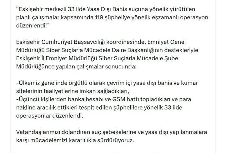 Eskişehir Merkezli 33 İlde 119 Şüpheliye Yönelik 'Yasa Dışı Bahis' Operasyonu