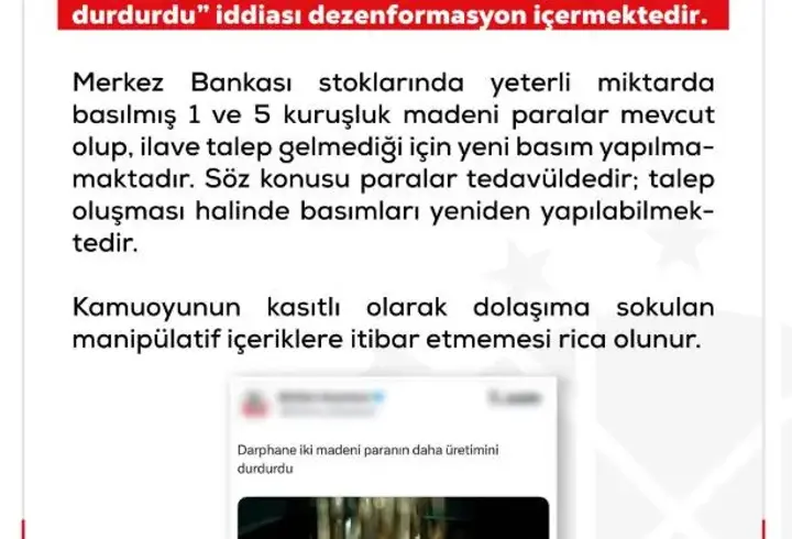 DMM: 'Darphane 1 ve 5 kuruş madeni para basmayı durdurdu' iddiası dezenformasyon içermektedir