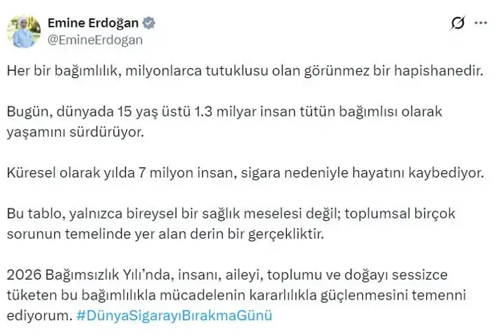 Emine Erdoğan'dan 'Dünya Sigarayı Bırakma Günü'ne ilişkin paylaşım