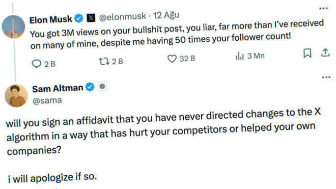 Elon Musk ve Sam Altman, X üzerinde tartışıyor: “Seni yalancı!”