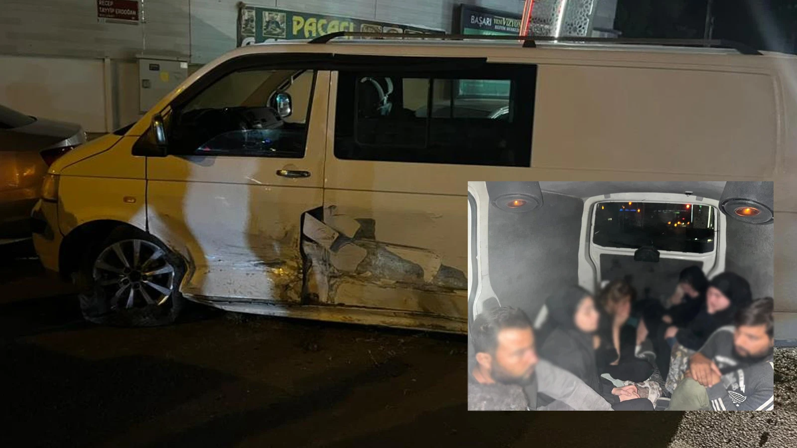 Polisin 'dur' ihtarına uymayıp iki araca çarpan minibüsten 11 kaçak göçmen çıktı