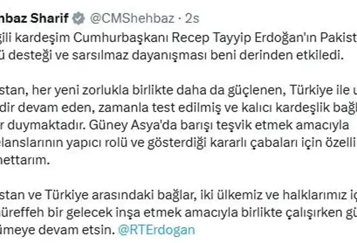 Pakistan Başbakanı Şerif: Türkiye ile devam eden kardeşlik bağlarından gurur duymaktayız