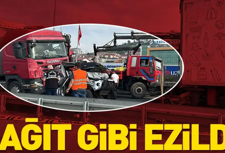 2 TIR'ın arasında sıkıştı! Bu araçtan sağ kurtuldular