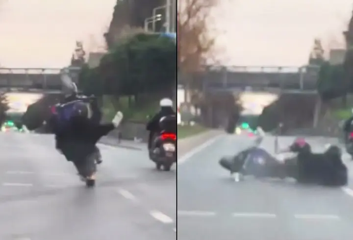 Motosikletlinin ön teker şovu kazaya neden oldu! Yola savruldu...