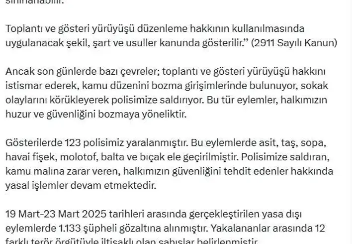 Bakan Yerlikaya: Yasa dışı eylemlerde 1133 şüpheli gözaltına alındı