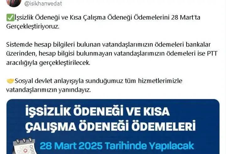 İşsizlik ve kısa çalışma ödenekleri 28 Mart'ta yatırılacak