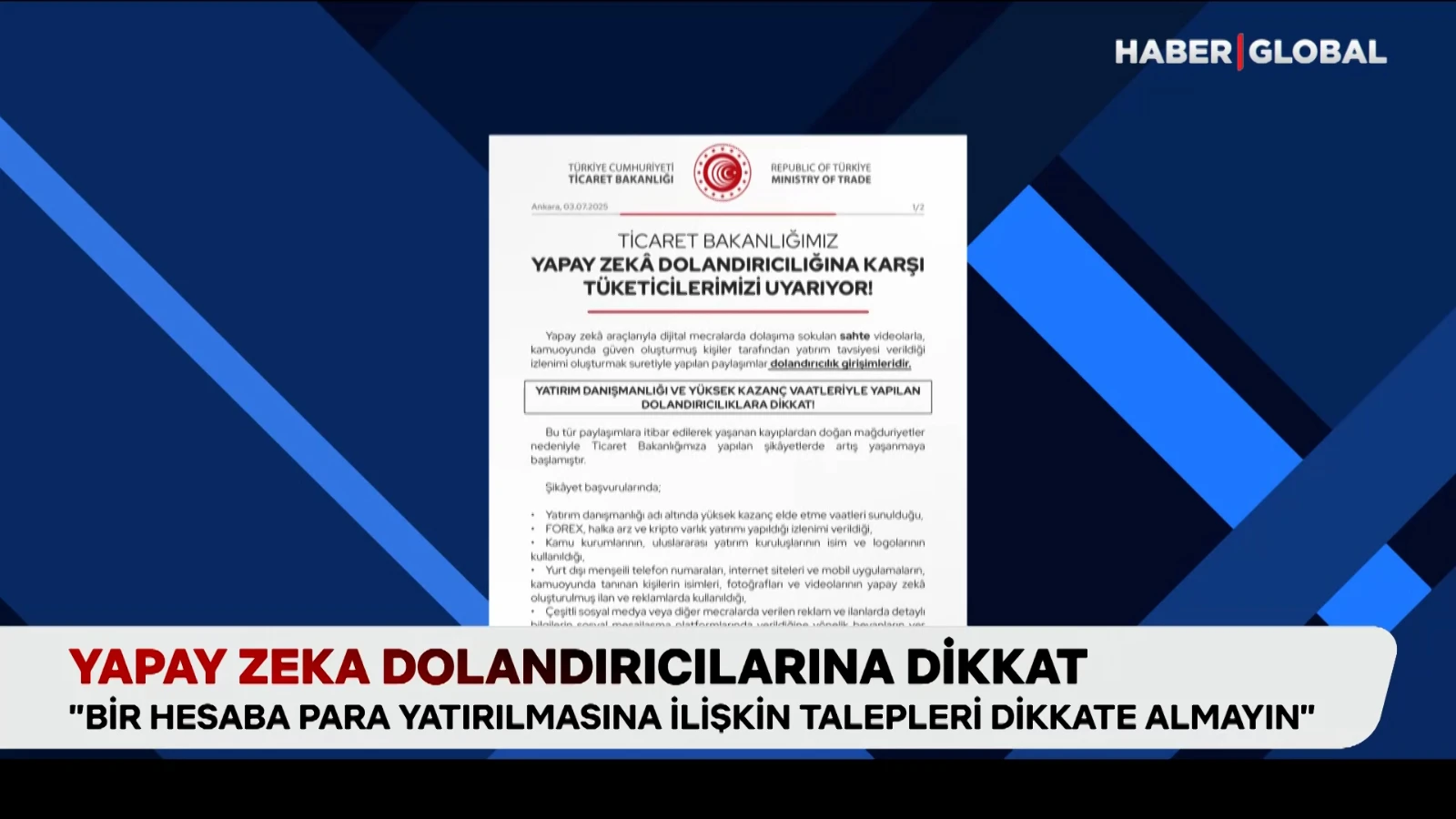 Ticaret Bakanlığı, yapay zeka dolandırıcılığına karşı uyardı