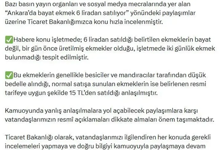 Bakanlıktan 'Bayat ekmek 6 liradan satılıyor' iddiasına açıklama