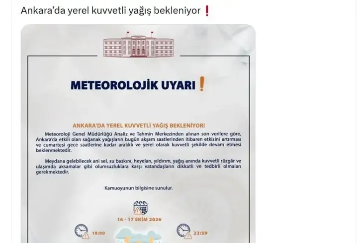Ankara Valiliği'nden 'Kuvvetli Yağış' Uyarısı