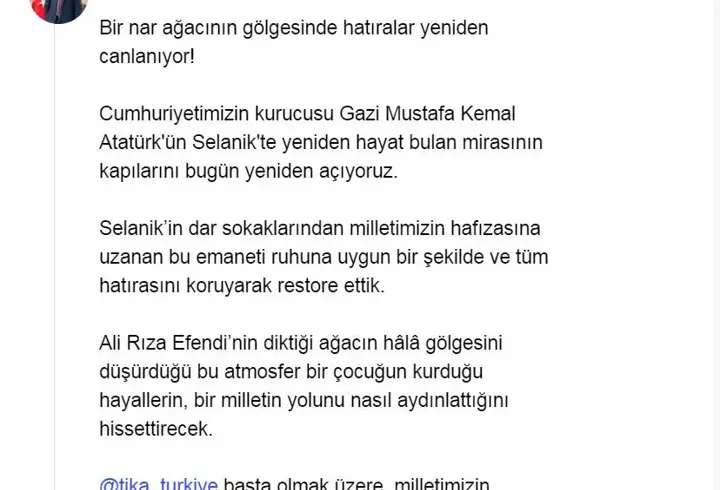 Bakan Ersoy'dan 'Selanik Atatürk Evi' için videolu paylaşım