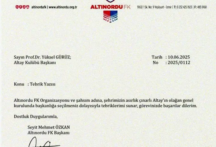 Altınordu Başkanı Özkan'dan Altay Başkanı Gürüz'e tebrik mesajı