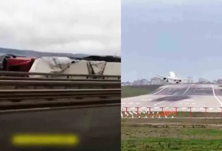 İşte fırtınanın şiddeti: TIR'lar devrildi, uçak pisti pas geçti!