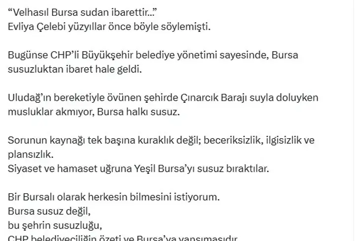 AK Partili Acar: Bursa susuzluktan ibaret hale geldi