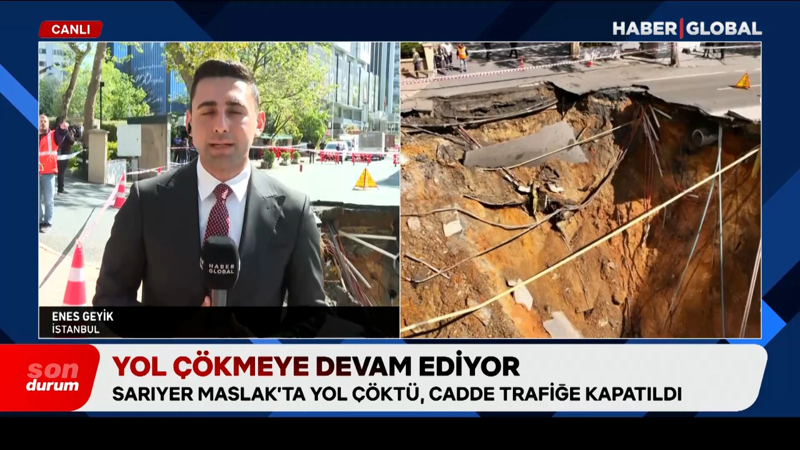 Sarıyer’de yol çökmeye devam ediyor, Haber Global ekibi o anları görüntüledi