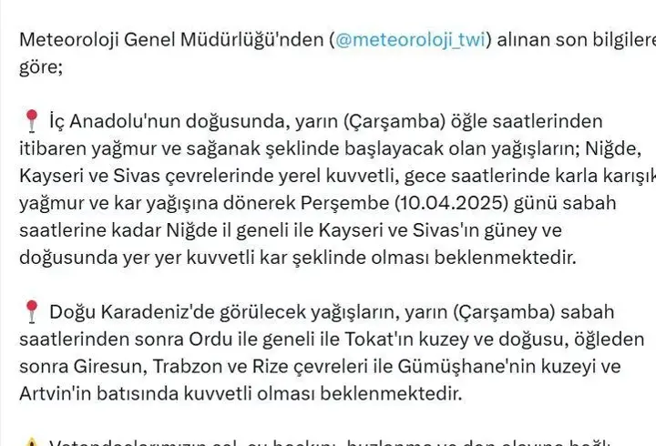 AFAD'dan İç Anadolu ve Doğu Karadeniz için yağış uyarısı